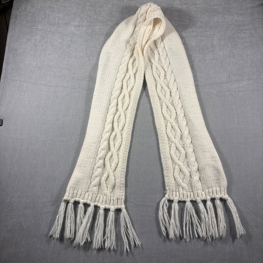 Chunky Cable Knit Scarf Cream Off White Tassel Fringe Winter Wrap Long 88 Inch